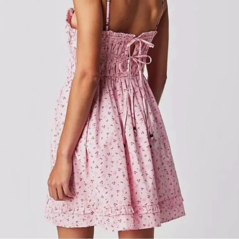 Free People Gabby Mini Dress Pink/Rose Cherry Print Lace Up Back size small